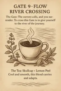 Sepia-toned parchment illustration of a steaming tea cup, flanked by sprigs of lemongrass and spearmint. The tea surface reflects gentle rippling waves, and the steam rises in soft, wave-like patterns symbolizing flow. Text describes Gate 9 as surrendering to the river of the journey, with the tea blend Lemongrass and Spearmint bringing refreshing ease.