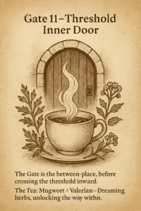 Sepia-toned parchment illustration of a steaming tea cup placed before a wooden arched doorway framed in stone. Mugwort and valerian plants grow on either side, and the steam rises in curling, dreamlike patterns. Text describes Gate 11 as the threshold to the inner chambers, with Mugwort and Valerian tea as dreaming herbs unlocking the way within.
