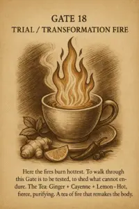 Sepia-toned parchment illustration of a steaming tea cup glowing with flames rising directly from its surface. Ginger root, cayenne peppers, and a lemon wedge rest beside the cup, symbolizing purification and heat. Text describes Gate 18 as a fiery ordeal, with Ginger, Cayenne, and Lemon tea representing transformation through fire.