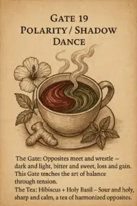 Sepia-toned parchment illustration of a steaming tea cup with two swirling streams inside — one red hibiscus, one green holy basil, forming a yin-yang pattern. A hibiscus flower and basil leaves rest beside the cup. Steam rises in mirrored curves, symbolizing the dance of opposites. Text describes Gate 19 as polarity and shadow dance, with Hibiscus and Holy Basil tea harmonizing contrasts.