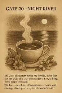 Sepia-toned parchment illustration of a steaming tea cup with lemon balm leaves and passionflower blossoms beside it. The tea surface reflects silver ripples like a moonlit river. Steam drifts in smooth, flowing lines, echoing water currents. A full moon glows above, casting light across the river. Text describes Gate 20 as the Night River, with Lemon Balm and Passionflower tea guiding surrender into dreamlike drift.
