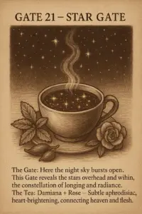 Sepia-toned parchment illustration of a steaming tea cup with damiana leaves and a rose blossom beside it. The surface of the tea sparkles with golden constellations as if reflecting the night sky. Rising steam curls into star-like points, symbolizing radiance. Text describes Gate 21 as the Star Gate, with Damiana and Rose tea connecting heaven and flesh.