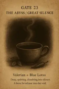 Sepia-toned parchment illustration of a steaming tea cup with valerian root and blue lotus flowers beside it. The surface of the tea is dark and still, reflecting silence like a night mirror. Rising steam fades quickly into shadow, dissolving into nothingness. Text describes Gate 23 as the Abyss or Great Silence, with Valerian and Blue Lotus tea offering deep release into the void.