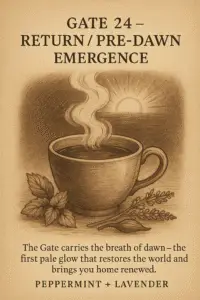 Sepia-toned parchment illustration of a steaming tea cup with peppermint leaves and lavender blossoms beside it. Misty steam rises upward like dawn fog, and a faint sun glows on the horizon behind the cup, symbolizing the first light of return. Text describes Gate 24 as Return and Pre-Dawn Emergence, with Peppermint and Lavender tea offering renewal and awakening.