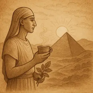 Sepia-toned parchment illustration of an ancient Egyptian priest holding a steaming cup of herbal tea while watching the sun rise over the Great Pyramid in the Valley of the Kings. Steam curls upward from the cup, mingling with the rays of dawn. The priest holds fresh herb sprigs in the other hand, symbolizing Herbal Tea Magic as part of sacred ritual.