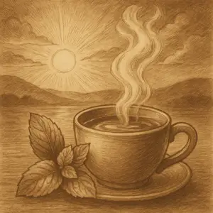 Sepia-toned illustration of a steaming tea cup with mint leaves beside it. Behind the cup, the sun rises over distant hills, casting golden rays across the sky. Steam curls upward from the cup, mingling with the dawn light. Artwork in vintage ink style, consistent with Herbal Tea Magic imagery.