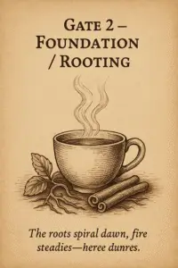 Sepia-toned parchment illustration of a steaming tea cup resting on earthen ground, with cinnamon sticks and licorice roots spiraling beneath it like tendrils. Steam curls upward in steady lines, symbolizing grounding and strength. Text reads: Gate 2 – Foundation / Rooting.