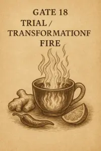 Sepia-toned parchment illustration of a steaming tea cup glowing with fire. Ginger root, a cayenne pepper, and a lemon wedge rest beside it. Flames are reflected on the tea’s surface, and steam curls upward in fiery tongues. Text above reads: Gate 18 – Trial / Transformation Fire.