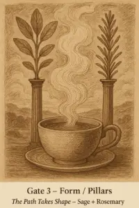 Sepia vintage illustration of a teacup with rising steam between two pillars shaped from sage and rosemary plants, symbolizing clarity and form.