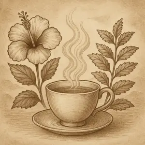 Sepia illustration of a steaming teacup framed by a hibiscus flower and lemon balm leaves, symbolizing rhythm, harmony, and flow in Herbal Tea Magic Gate 4.