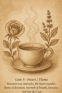 Sepia illustration of a steaming teacup framed by a blooming rose on one side and tulsi sprigs on the other, symbolizing devotion, warmth, and the heart’s flame.