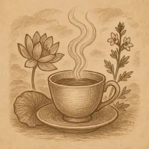 Sepia illustration of a steaming teacup framed by a Blue Lotus flower and Eyebright blossoms, symbolizing clarity, vision, and awakening.