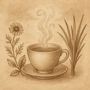 Sepia illustration of a steaming teacup framed by chamomile blossoms and tall lemongrass stalks, symbolizing balance, calm, and harmony.