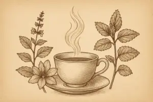 Sepia illustration of a steaming teacup framed by two stylized pillars formed of sage leaves and rosemary sprigs, symbolizing clarity, warding, and structure.