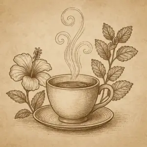 Sepia illustration of a steaming teacup framed by hibiscus bloom and lemon balm leaves, symbolizing rhythm, pulse, and harmony.