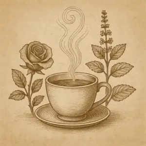 Sepia illustration of a steaming teacup framed by a blooming rose and tulsi sprigs, symbolizing devotion, sacred flame, and the warmth of the heart.