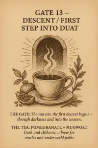 Sepia-toned parchment illustration of a steaming tea cup before a dark arched doorway. Mugwort leaves and a pomegranate rest beside the cup, symbolizing descent into mystery. Rising steam curls into tendrils that fade into shadow. Text describes Gate 13 as the first step into the Duat, with Pomegranate and Mugwort tea guiding the descent.