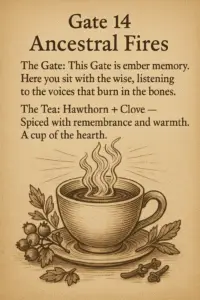 Sepia-toned parchment illustration of a steaming tea cup resting on a saucer, surrounded by hawthorn berries and cloves. The rising steam curls in flame-like shapes, suggesting ancestral fire and memory. Text describes Gate 14 as the ember of memory, with Hawthorn and Clove tea symbolizing remembrance and warmth.