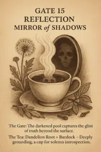 Sepia-toned parchment illustration of a steaming tea cup with dandelion root and burdock beside it. The tea surface reflects a skull-like face, and behind the cup a dark mirror shows only shadow. Rising steam curls upward in solemn patterns, symbolizing reflection and shadow work. Text describes Gate 15 as reflection and mirror of shadows, with Dandelion Root and Burdock tea for grounding and introspection.