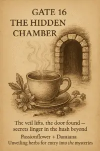 Sepia-toned parchment illustration of a steaming tea cup with passionflower and damiana beside it. Behind the cup, a stone-arched doorway opens into a dark, hidden chamber. The steam rises in curling patterns that fade into shadow, suggesting secrecy and mystery. Text describes Gate 16 as the hidden chamber, with Passionflower and Damiana as unveiling herbs for entry into the mysteries.