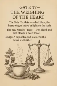 Sepia-toned parchment illustration of a steaming tea cup with nettles and rose beside it. Above the cup, a scale balances a human heart on one side and a feather on the other, symbolizing truth and judgment. Text describes Gate 17 as weighing the heart, with Nettles and Rose tea as a heart tonic.
