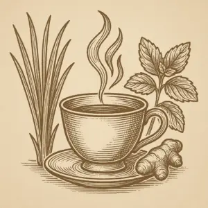 Sepia illustration of a steaming teacup framed by tall lemongrass stalks and fresh spearmint leaves, symbolizing flow, renewal, and crossing.