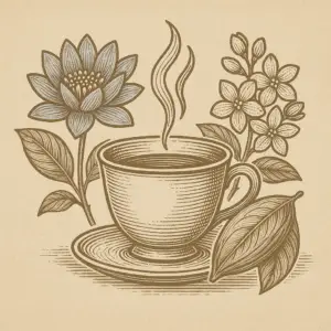 Sepia illustration of a steaming teacup framed by a Blue Lotus flower and jasmine blossoms, symbolizing mystery, awakening, and hidden thresholds.