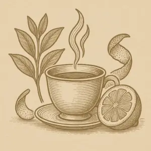 Sepia illustration of a steaming teacup framed by green tea leaves and lemon peel curls, symbolizing completion, radiance, and renewal.