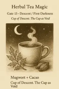 Sepia illustration of a steaming teacup with mugwort leaves and cacao pods, framed by night sky and crescent moon, symbolizing descent and mystery.