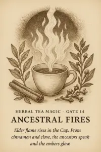 Sepia illustration of a steaming teacup with cinnamon sticks and clove sprigs, flames rising like ancestral fire.