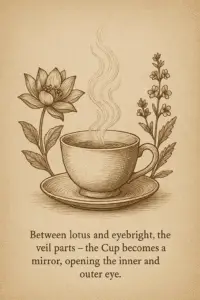 Sepia illustration of a steaming teacup framed by a blooming Blue Lotus and delicate Eyebright blossoms, symbolizing clarity, vision, and awakening.