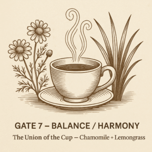 Sepia illustration of a steaming teacup framed by chamomile blossoms and tall lemongrass stalks, symbolizing balance, calm, and harmony.