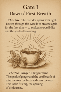 Sepia-toned vintage illustration of a steaming tea cup on a saucer with mint leaves, set against a rising sun. The parchment-style background includes text describing Gate 1 as ‘Dawn / First Breath,’ symbolizing awakening, new beginnings, and the spark of becoming. Below, the tea blend Ginger + Peppermint is described as energizing and clarifying.
