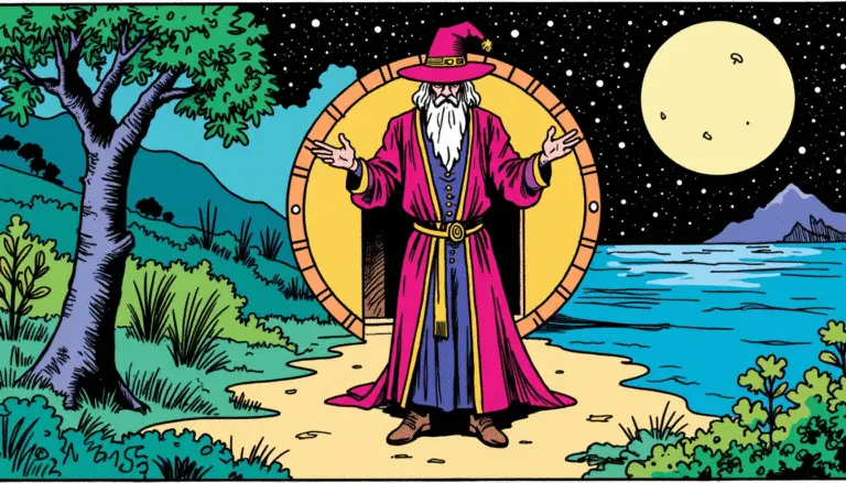 Comic-book style illustration of a magician stepping through cosmic gates into Aquarius to meet Pluto, symbolizing transformation and the dawn of the Aquarian Field.