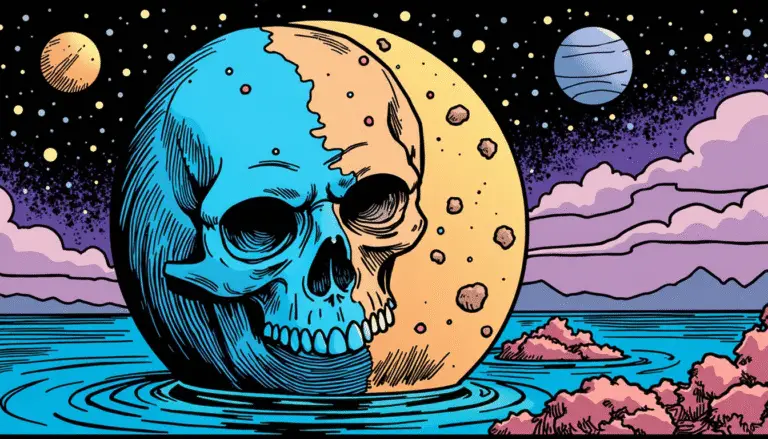 Comic-book style artwork of Pluto crossing into the constellation of Aquarius, radiating transformative energy that ripples across all twelve astrological houses.