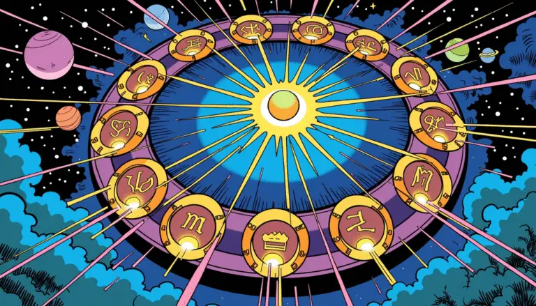 Comic-book style cosmic wheel showing the twelve astrological houses as glowing portals, each marked with zodiac symbols, with Pluto radiating energy from the center.