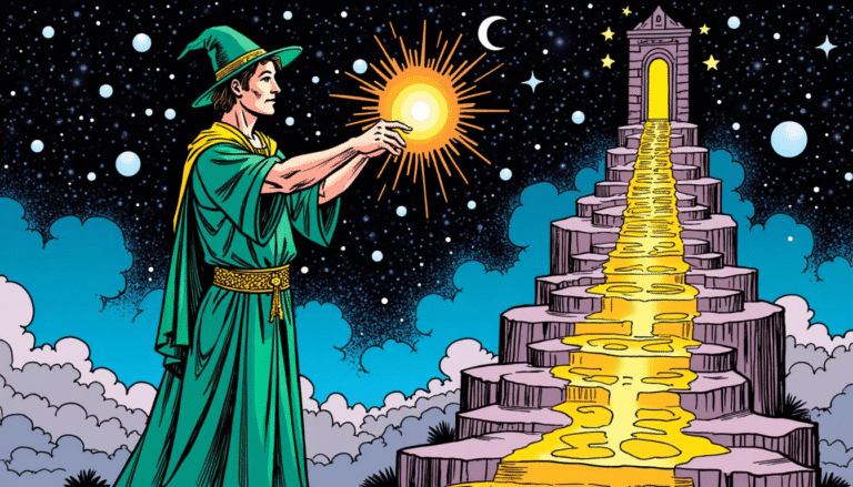 Comic-book style illustration of a female magician walking along a glowing cosmic path filled with swirling starlight, symbolizing transformation and empowerment.