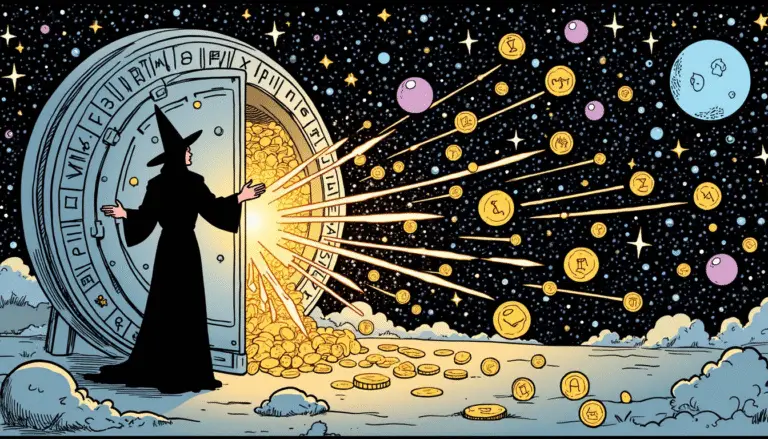 Comic book style illustration of Pluto opening the cosmic vault of the Second House in Aquarius, releasing radiant streams of light and symbols of wealth.