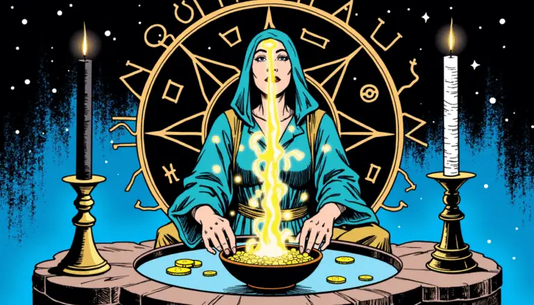 Comic book style illustration of a magician performing the Treasury Spell, breathing light into a vessel flanked by black and white candles.