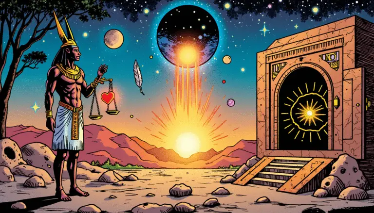 Comic book style illustration showing Anubis with the scales of Ma’at and the Norse rune Fehu glowing, united under Pluto in Aquarius.