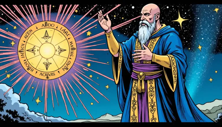 Comic book style image of Oron Kael raising a hand in blessing before a glowing cosmic treasury as starlight streams into the Field.