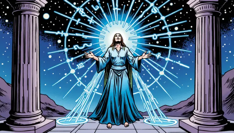 Comic book style illustration of a magician releasing glowing words, runes, and constellations as streams of speech in the Third House of Aquarius.