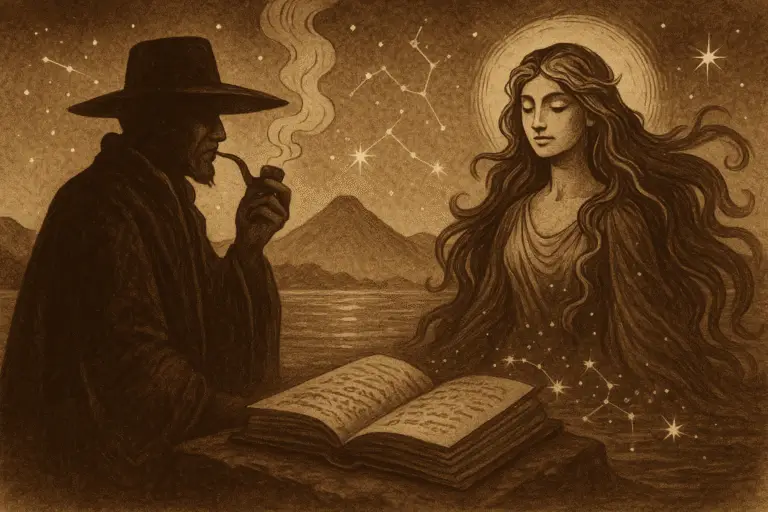 Sepia illustration of Maximón cloaked in shadow with a wide-brimmed hat and pipe, and Naia radiant with flowing starlit hair, meeting at a mystical lake reflecting constellations.