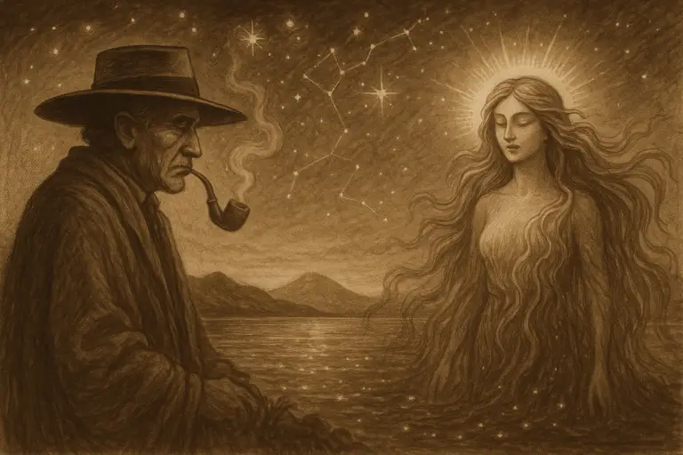 Sepia illustration of Maximón, cloaked and smoking a pipe, facing radiant Naia emerging from Lake Atitlán with flowing starlit hair, under constellations mirrored in the water.