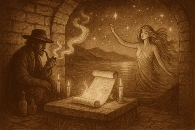 Sepia illustration of Maximón smoking a pipe in a stone chamber as Naia rises radiant from Lake Atitlán, with glowing scrolls on an altar between them.