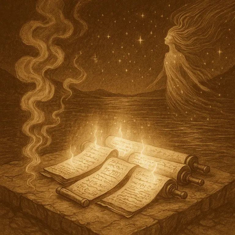 Sepia illustration of five glowing scrolls on a stone altar by Lake Atitlán, with smoke rising on one side and a radiant water-born figure emerging on the other.