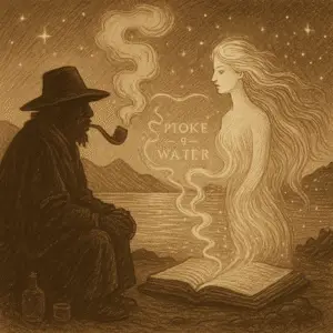 Sepia illustration of Maximón smoking his pipe as Naia rises radiant from Lake Atitlán, their covenant forming in smoke and starlight.