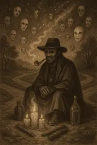 Sepia illustration of Maximón seated at a starlit crossroads, pipe smoke curling upward, surrounded by floating ghostly masks and offerings of candles, cigars, and bottles.