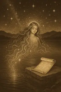 Sepia illustration of Naia rising from Lake Atitlán, her flowing hair merging with starlight and water, with a glowing scroll reflected in the lake’s surface.