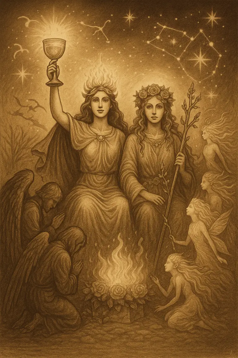 Sepia illustration of Scarlet Babalon–Nolava enthroned, chalice raised, Nolava crowned with roses, with Pisces fading and Aquarius rising in the sky above.